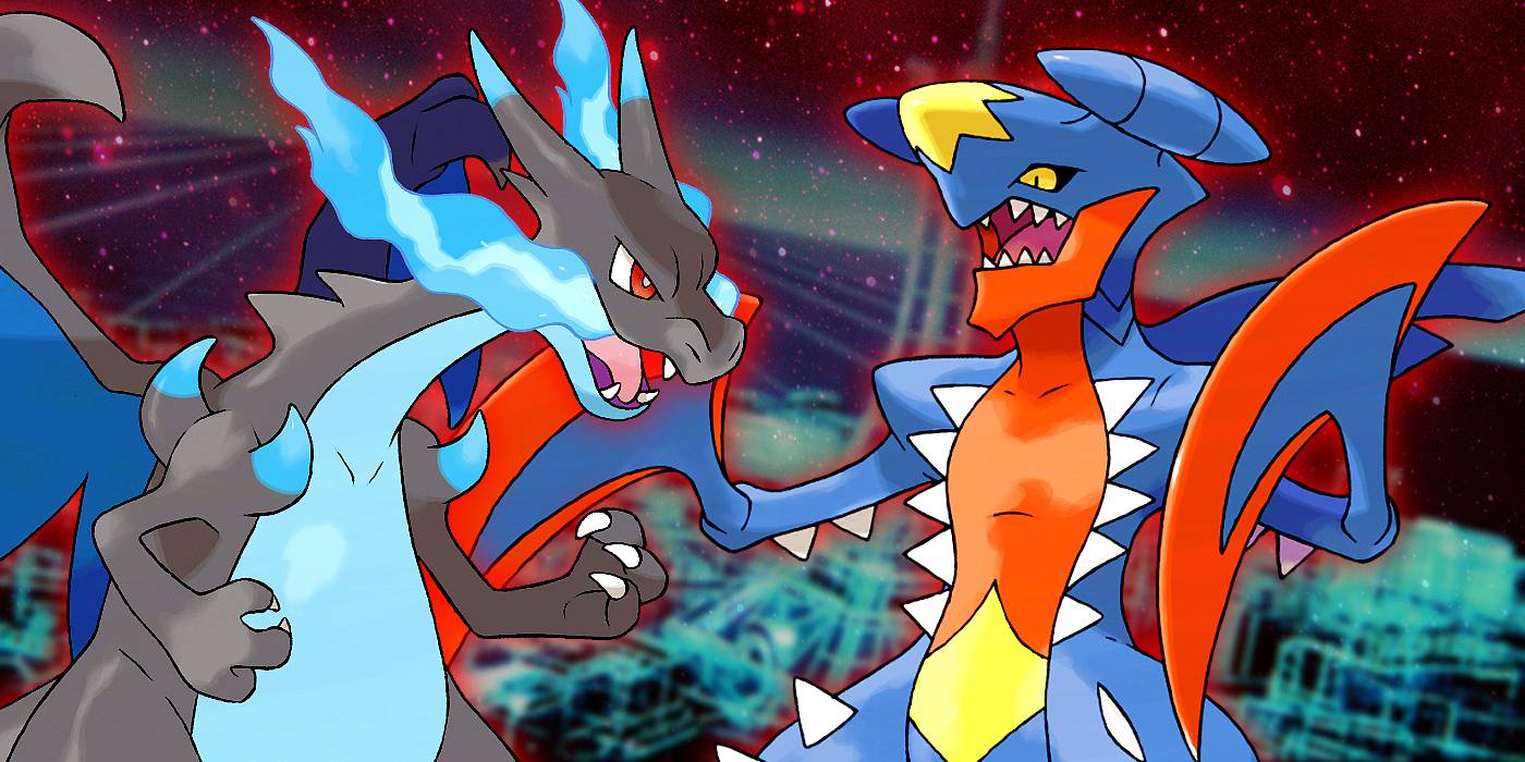 Mega Charizard и Mega Garchomp рычат рядом друг с другом на фоне города Lumiose из Pokémon Legends: Z-A.