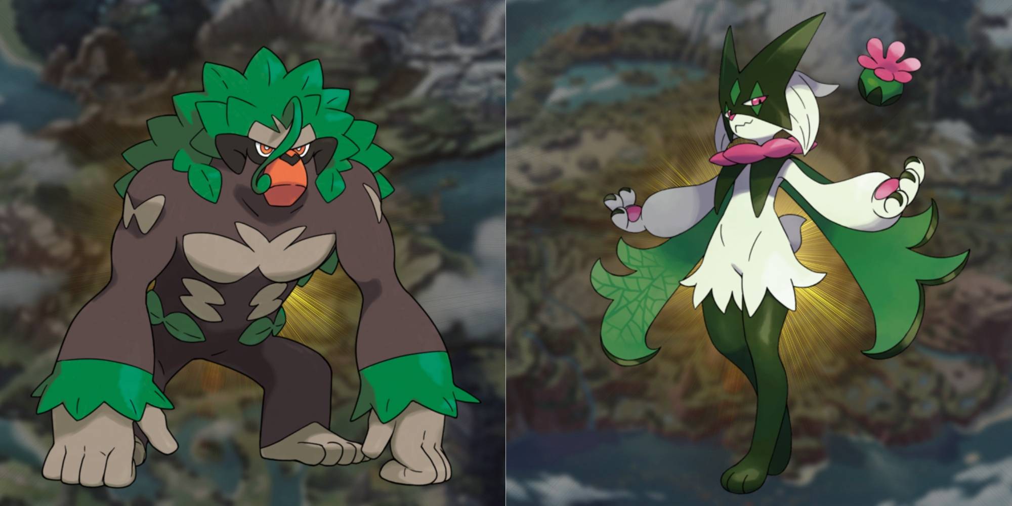 Покемон Rillaboom слева и Meowscarada справа с желтым фоном за каждым из них. На заднем плане размытые изображения карт Galar и Paldea, соответственно.