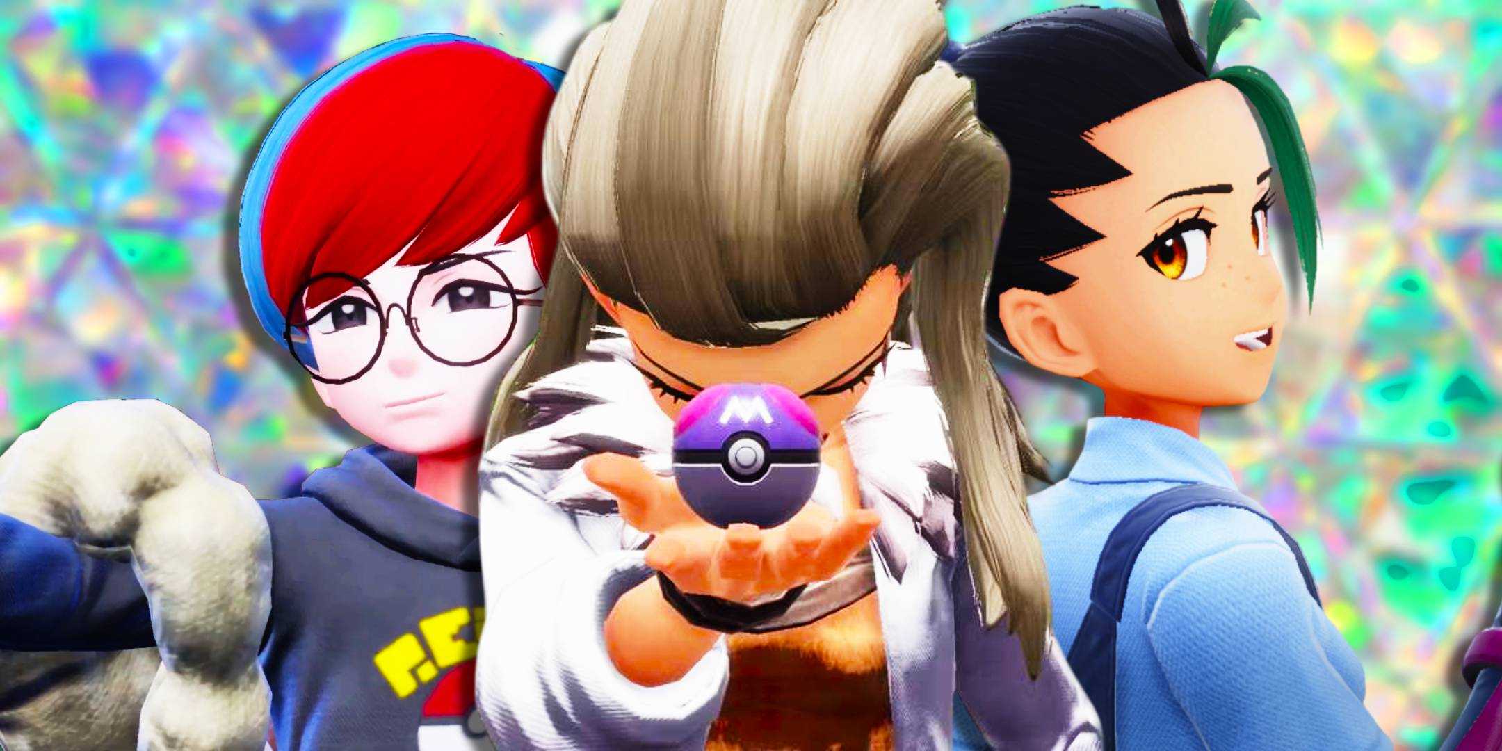 Немона и Пенни из Pokemon Scarlet and Violet рядом с профессором Садой, держащей Мастер-бол.