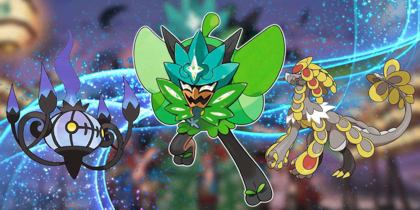 Огерпон из Pokémon Scarlet и Violet в центре, с Чанделуре слева и Коммо-о справа.