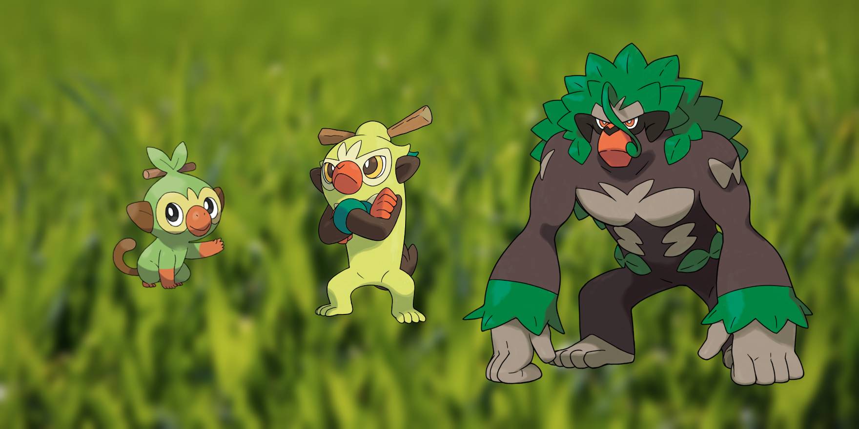 Grookey, Thwackey, и Rillaboom рядом.