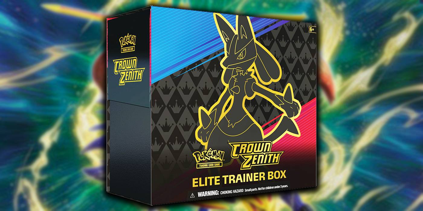 Коробка Elite Trainer Pokémon TCG Crown Zenith, с черно-золотой иллюстрацией Lucario.