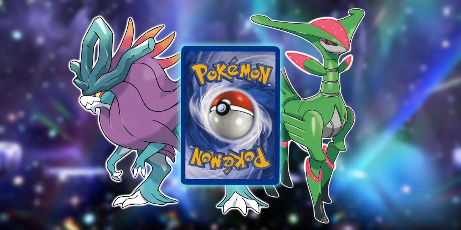 Pokemon TCG Temporal Forces Expansion с Iron Leaves и Walking Wake, стоящие рядом с картой Pokemon