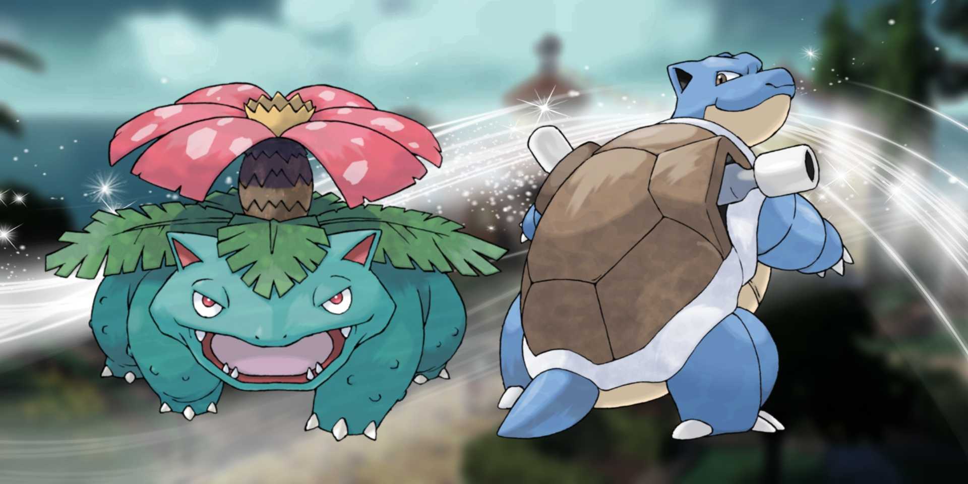 В левом углу - Venusaur от Pokémon, в правом - Blastoise. За ними - белый, текущий и мерцающий эффект.