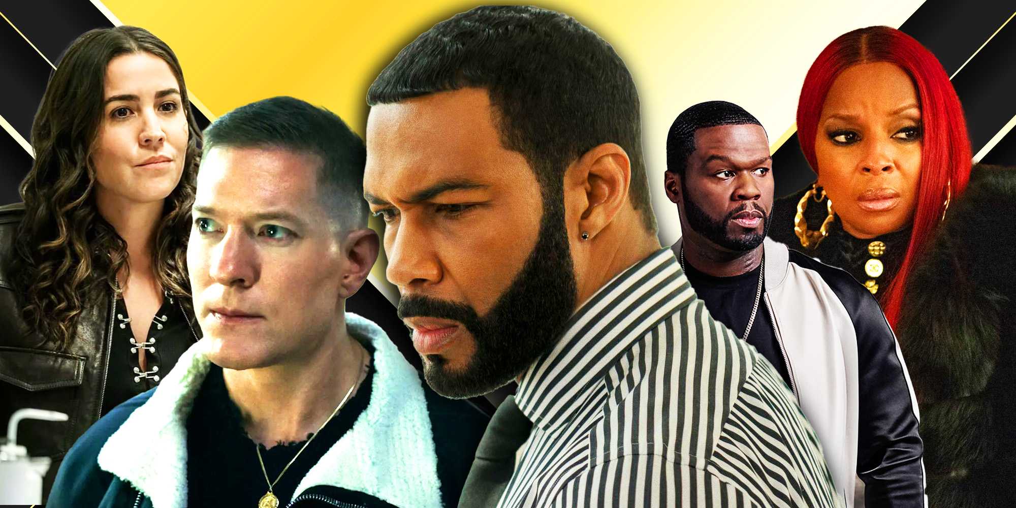 Коллаж с Аудри Эсбарза в роли Лилианы, Джозефом Сикорой в роли Томми Эган, Омари Хардквиком в роли Джеймса "Гост" Сент-Патрика, 50 Сентом в роли Канан Старка и Мэри Дж. Блай в роли Монет в франшизе *Power*