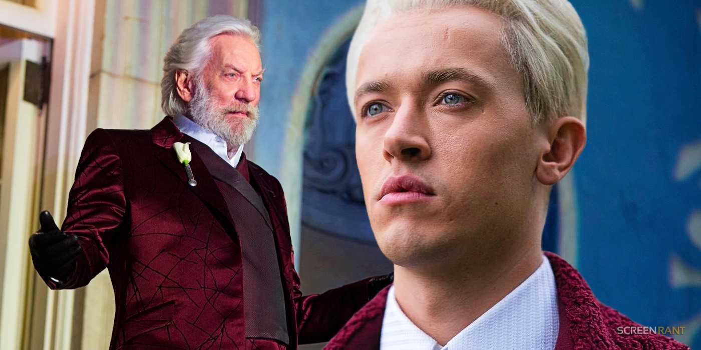 Президент Сноу (Дональд Сазерленд) в Игры в Кроликоловке и молодой Кориоланус (Том Блайт) в Балладе о певчих птицах и змеях