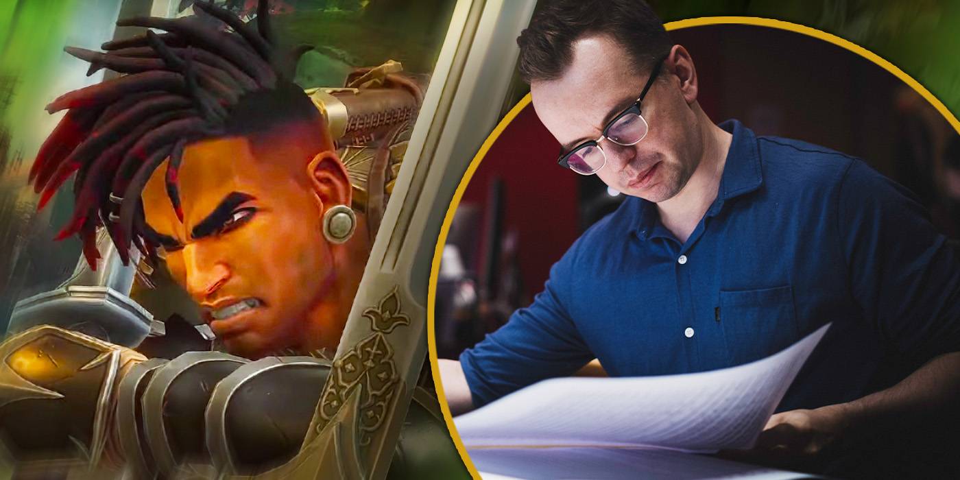 Главный герой "Принцессы Персии" держит меч рядом с композитором Гэрет Кокер, рассматривающим ноты.