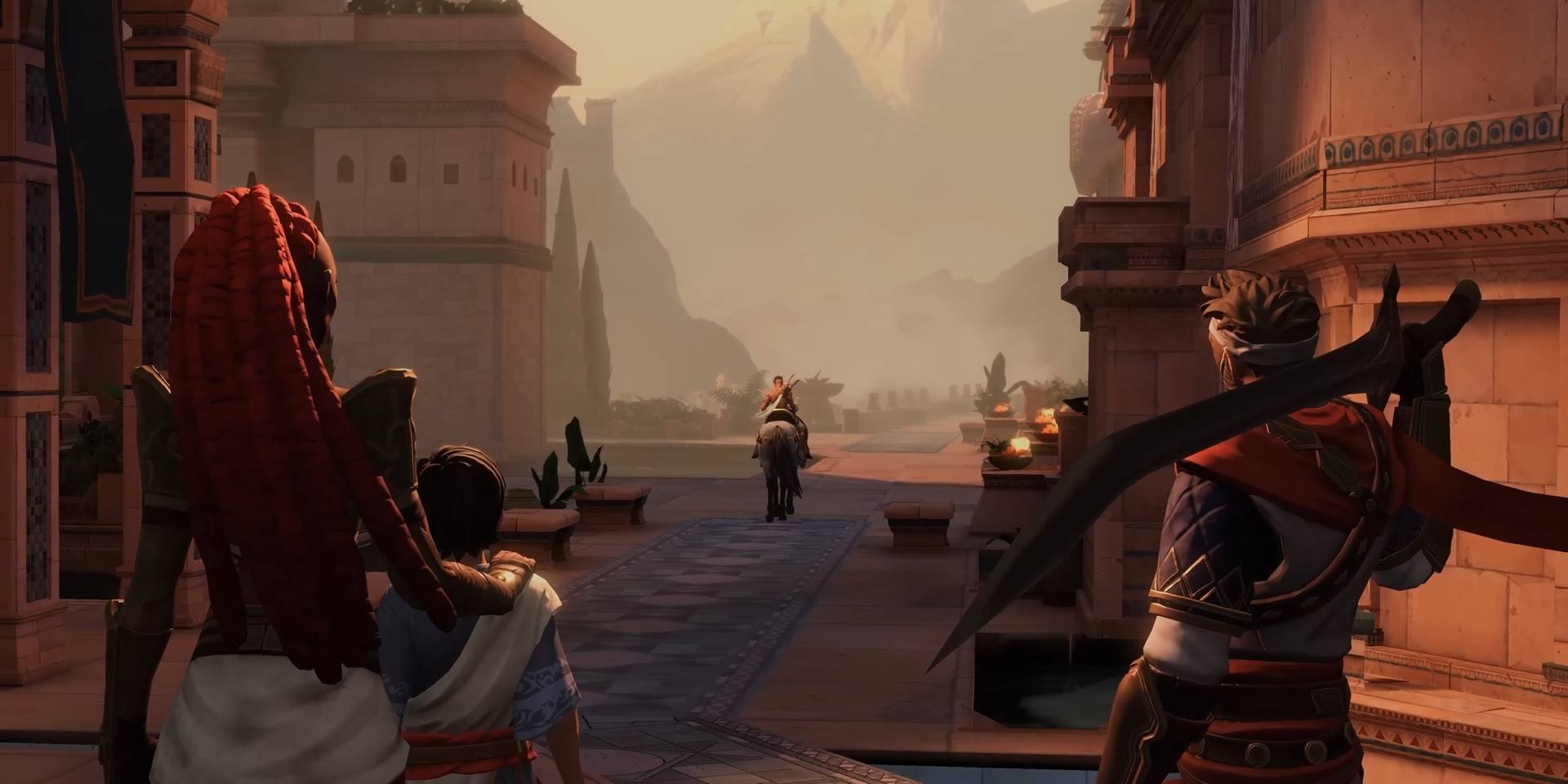 Неит, молодой Вахрам и Артабан наблюдают, как Сарган уезжает верхом в Prince of Persia: The Lost Crown.