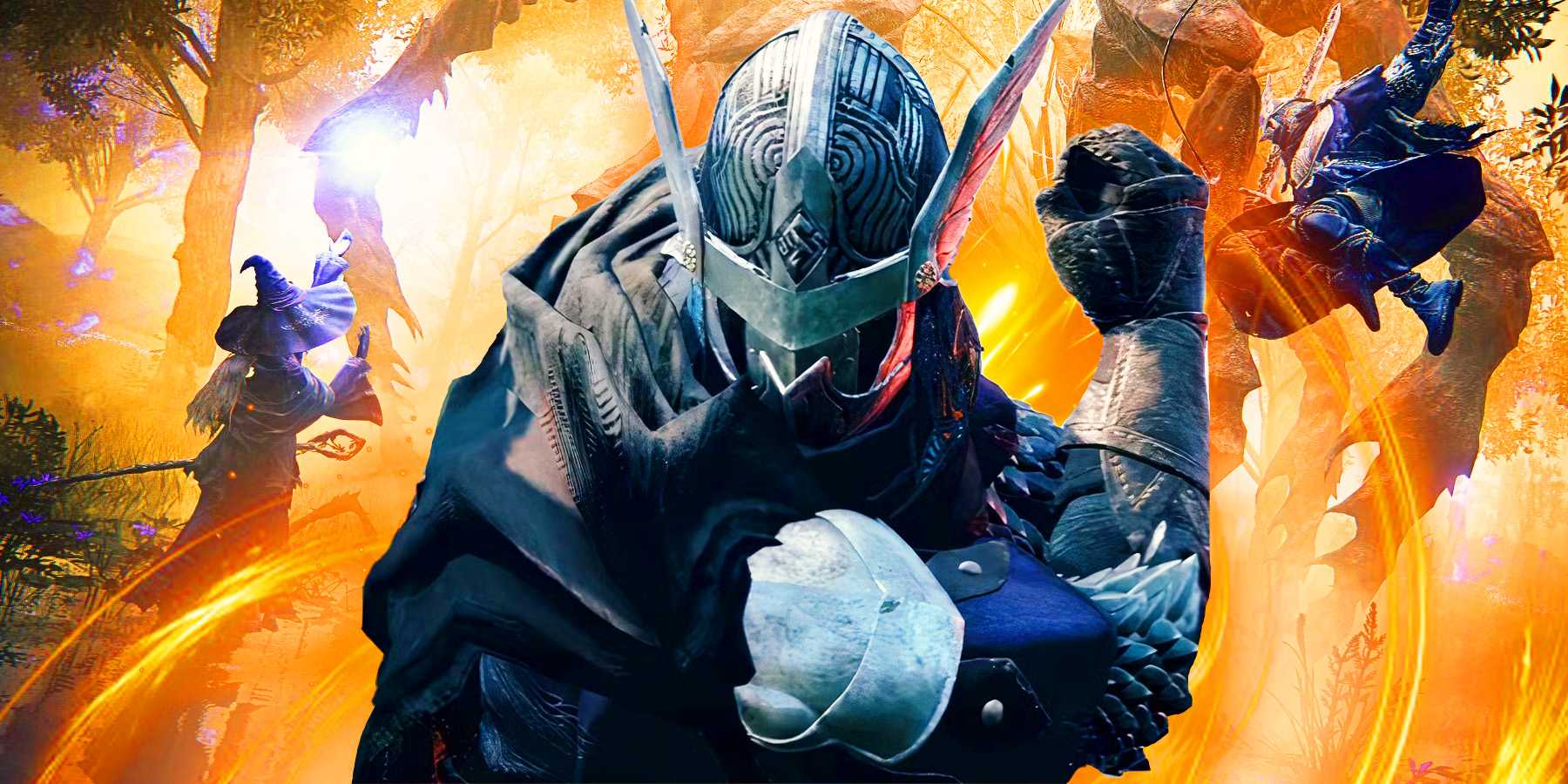 Главный герой из Elden Ring Nightreign с персонажами, сражающимися