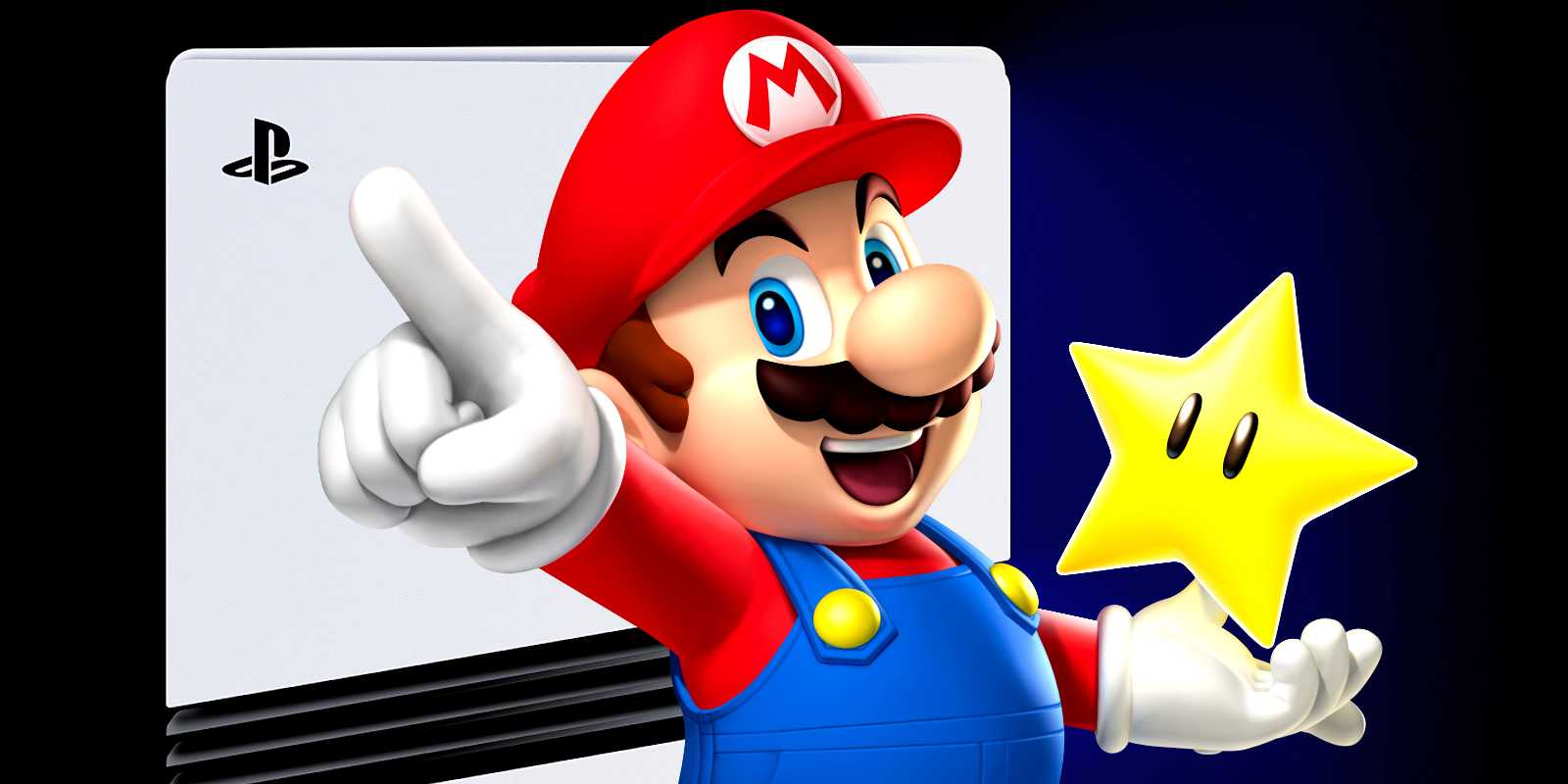 Марио держит звезду перед консолью PS5 Pro.