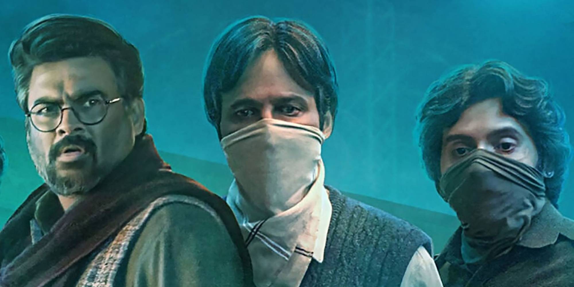 Промо-изображение сериала "The Railway Men" с тремя главными актерами, два из которых носят шарфы, закрывающие рот и нос.