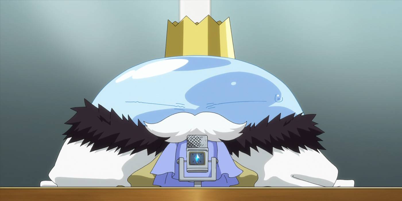 Римуру в форме слайма, одетый в корону и плащ.