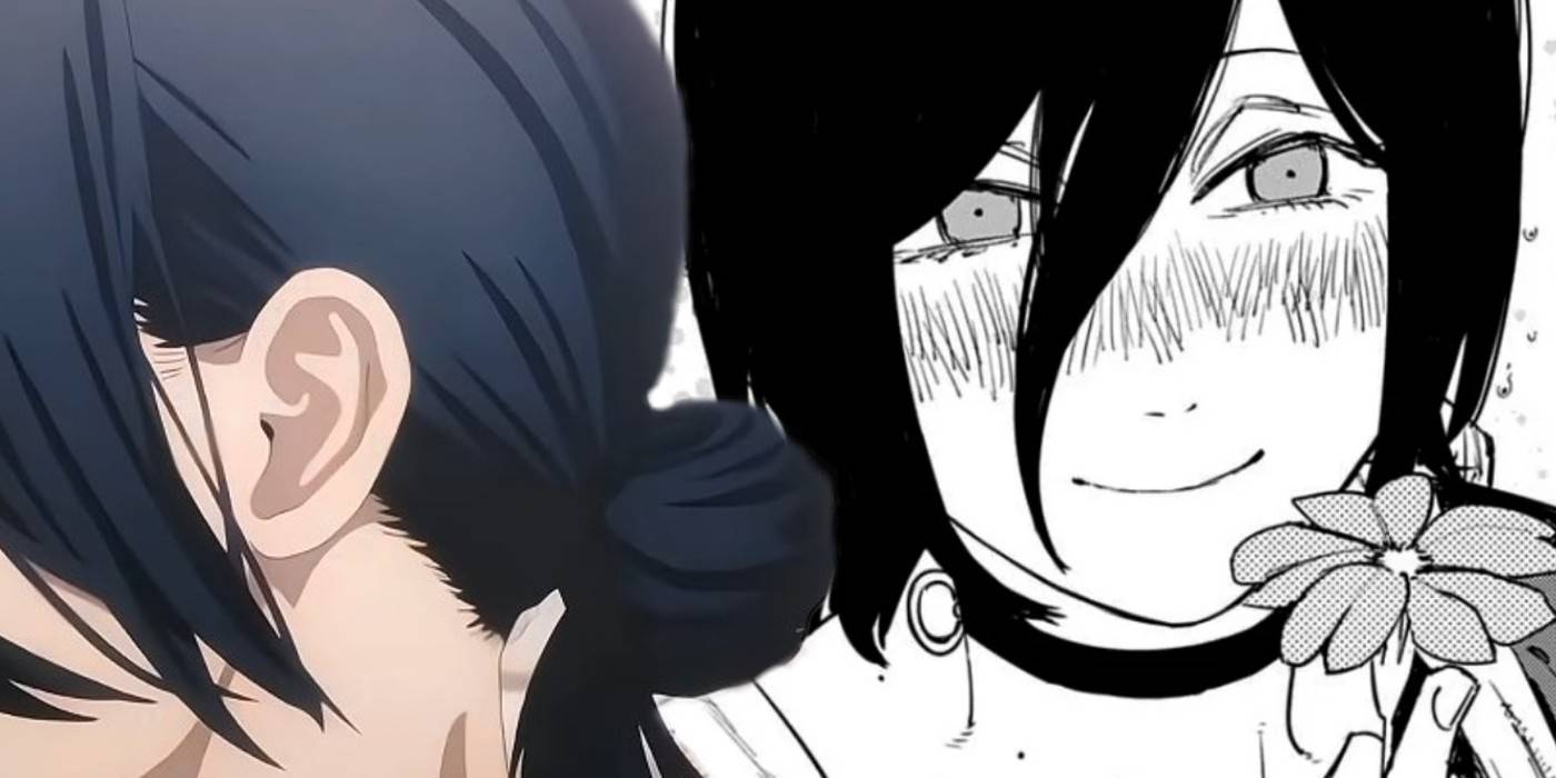 Реза из манги "Человек-пила", держащая цветок и улыбающаяся рядом со своей аниме-версией.