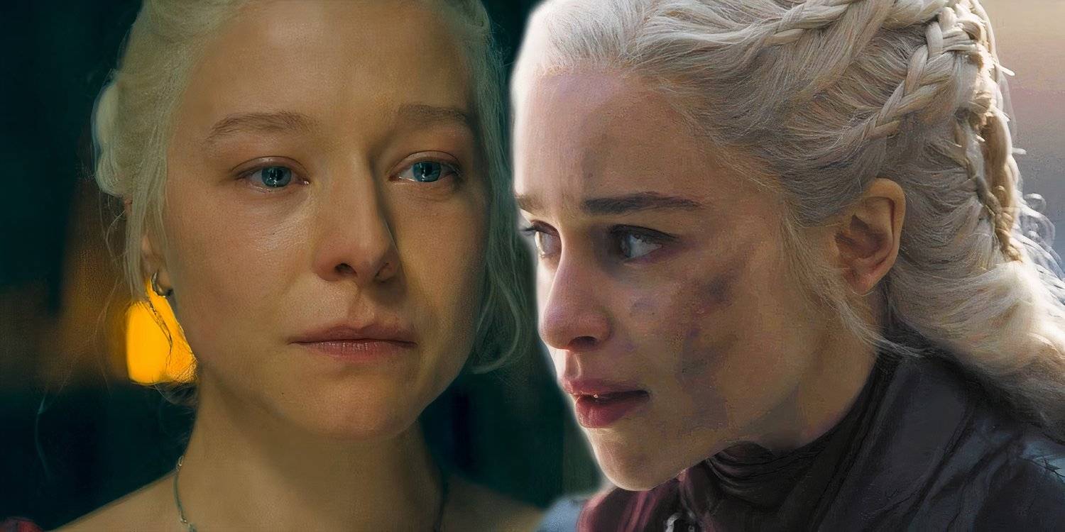 Реньера Таргариен, сдерживающая слезы, в «Доме Дракона», рядом с Даeneryс Таргариен перед нападением на Королевский Форт в «Игре Престолов»