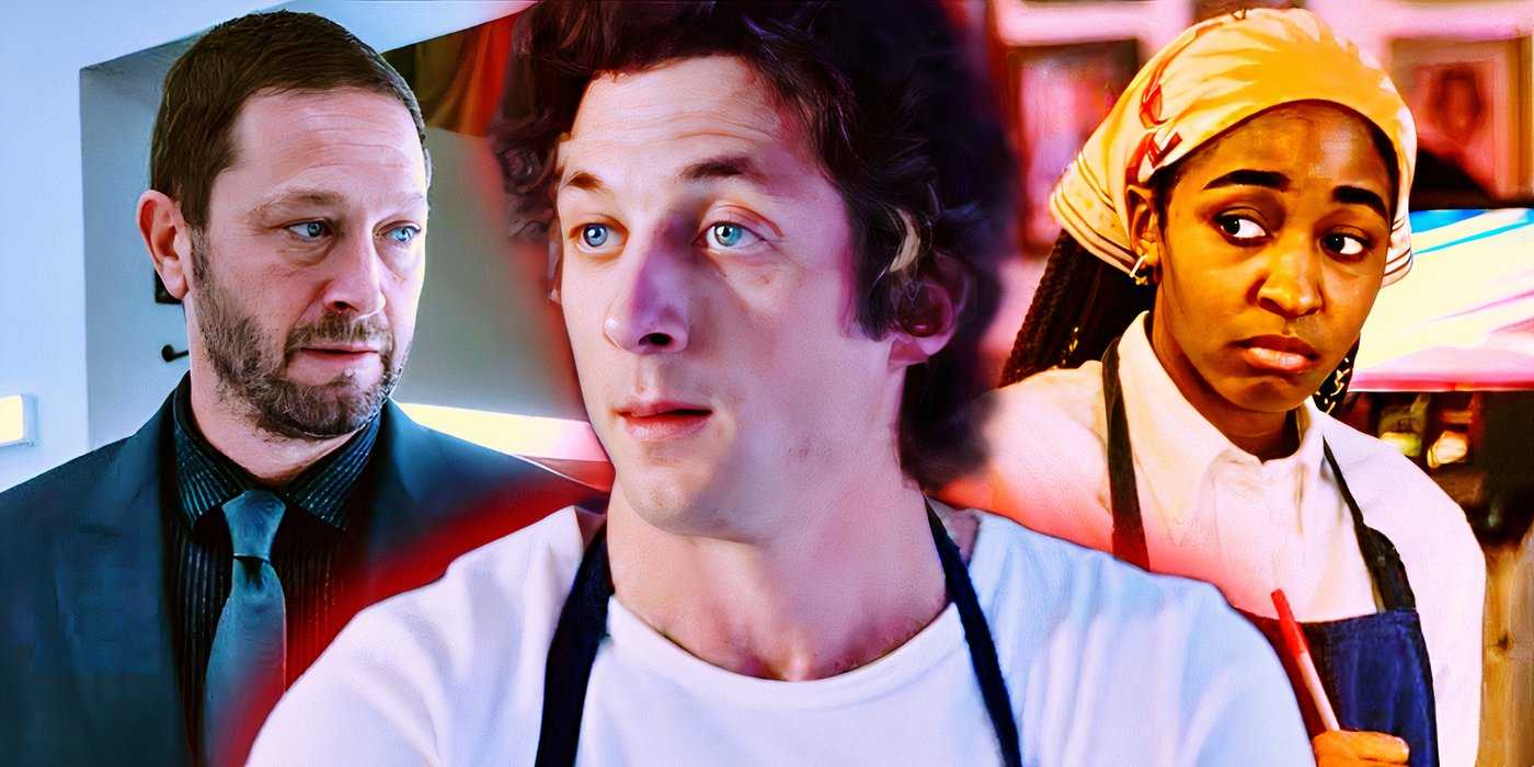 Ebon Moss-Bachrach as Richie, Jeremy Allen White as Carmy, and Ayo Edebiri as Sydney in The Bear