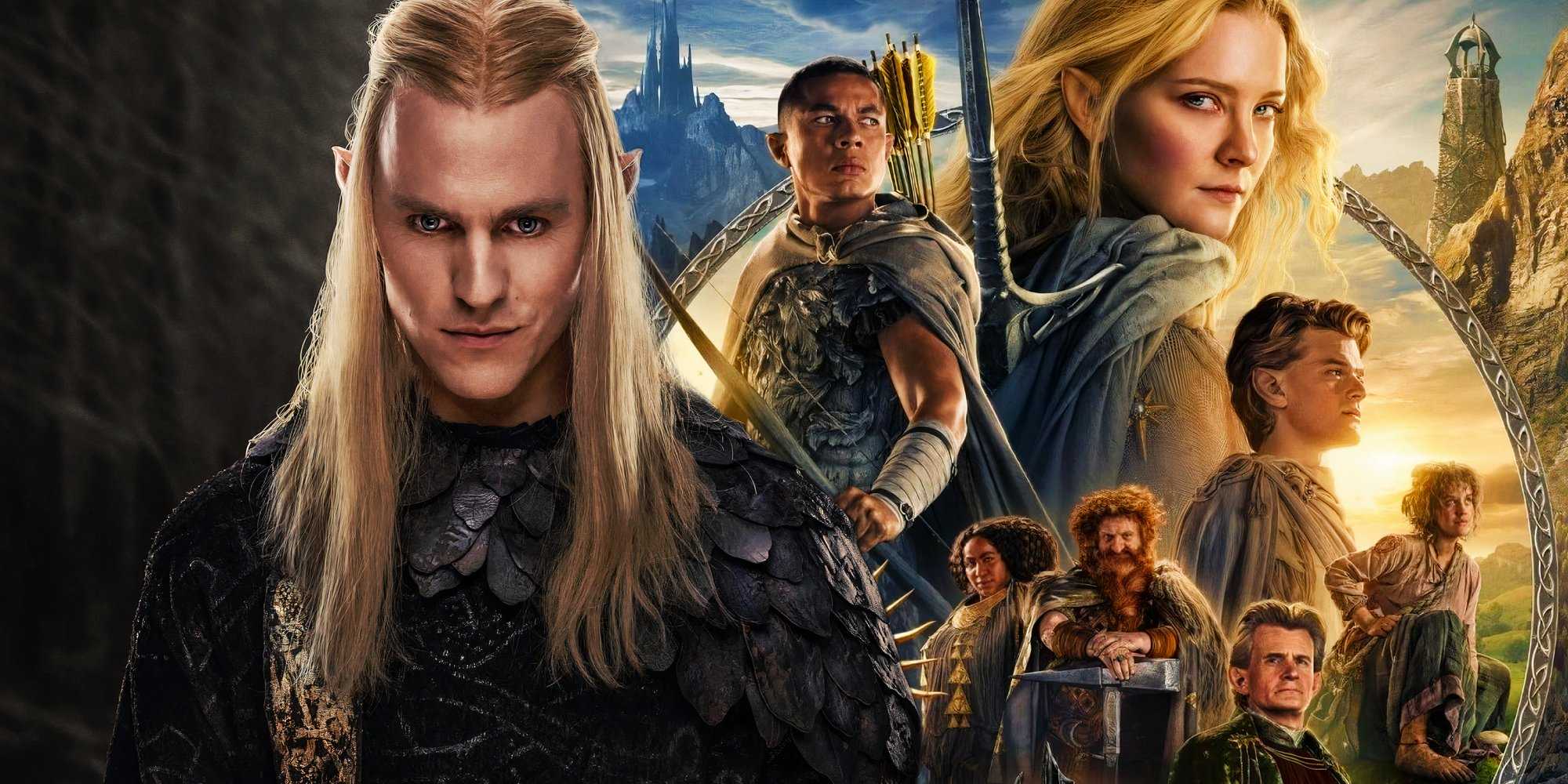 Постер для 1 сезона The Rings of Power (2022) рядом с постером, изображающим Чарли Викерса в роли Анната из 2 сезона The Rings of Power (2024)