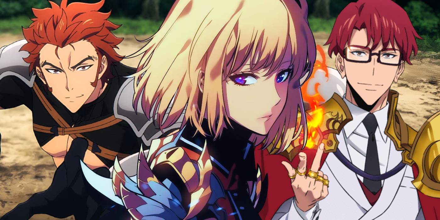 С-ранговые охотники из "Solo Leveling", включая Ча Хэ, как показано в манге, в центре, одетые в броню; Бай Юнхо и Чой Джинг, как показано в аниме, слева и справа, соответственно, готовые к бою