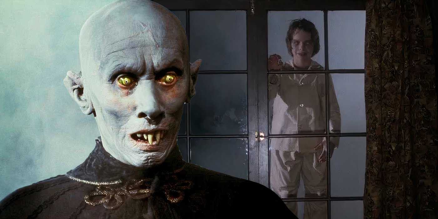 Композитное изображение, на котором Курт Барлоу смотрит с светящимися глазами на молодого вампира, парящего за окном в Салемс Лоте