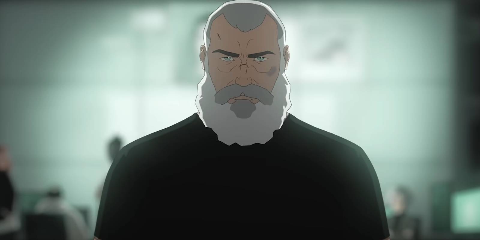 Сэм Фишер смотрит прямо перед собой, на заднем плане проходит совещание в Splinter Cell: Deathwatch