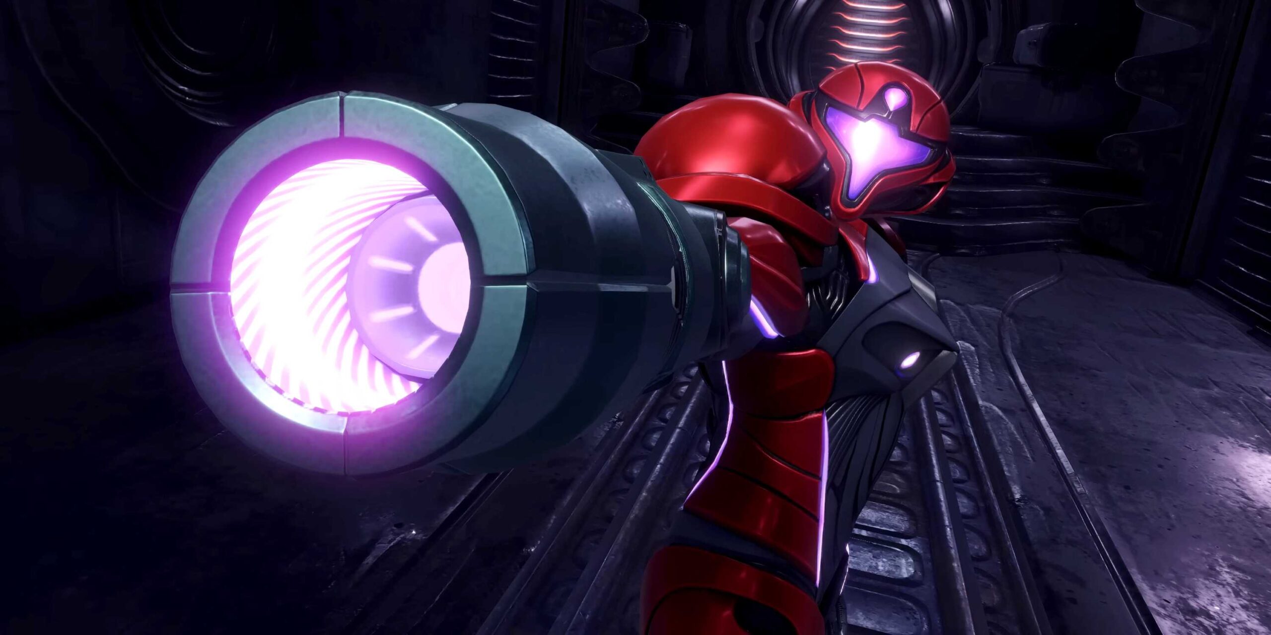 Самус целится своим ручным оружием в Metroid Prime 4.