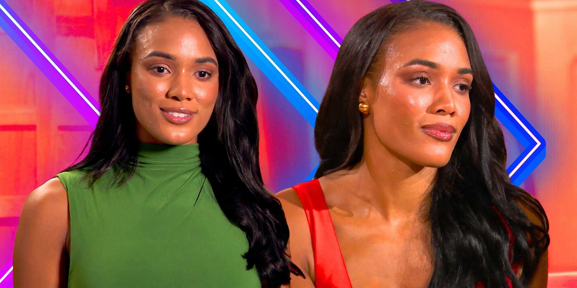 Коллаж с Зоей МакГрэди из "Бэка" с двумя серьезными выражениями лица и ярким фоном