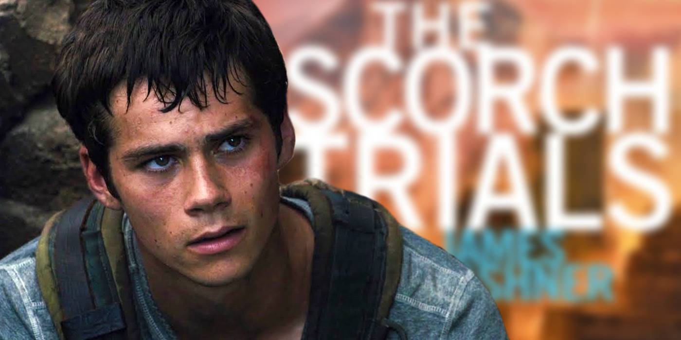 Размытый обложка книги "Scorch Trials" рядом с Дайланом О'Брайеном в роли Тома в фильмах "Maze Runner"
