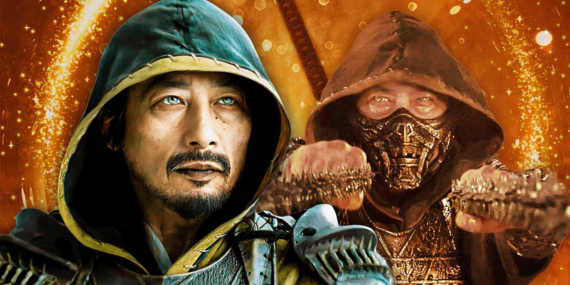 Хироюки Санادا в роли Скорпиона в Mortal Kombat (2021) над оранжевым мерцающим фоном