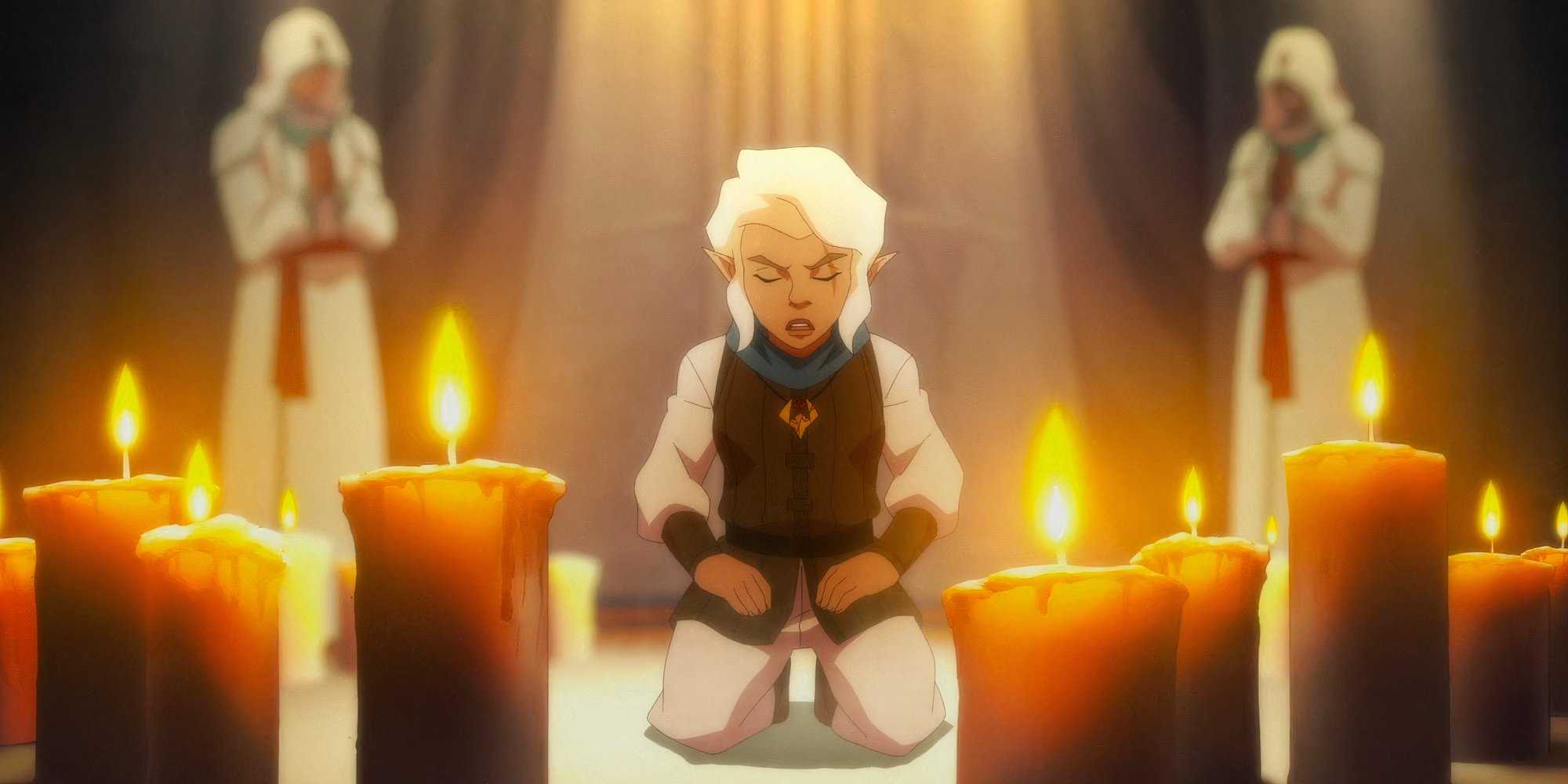 Пик Трикфут в молитве среди свечей и других верующих из Everlight, из The Legend of Vox Machina