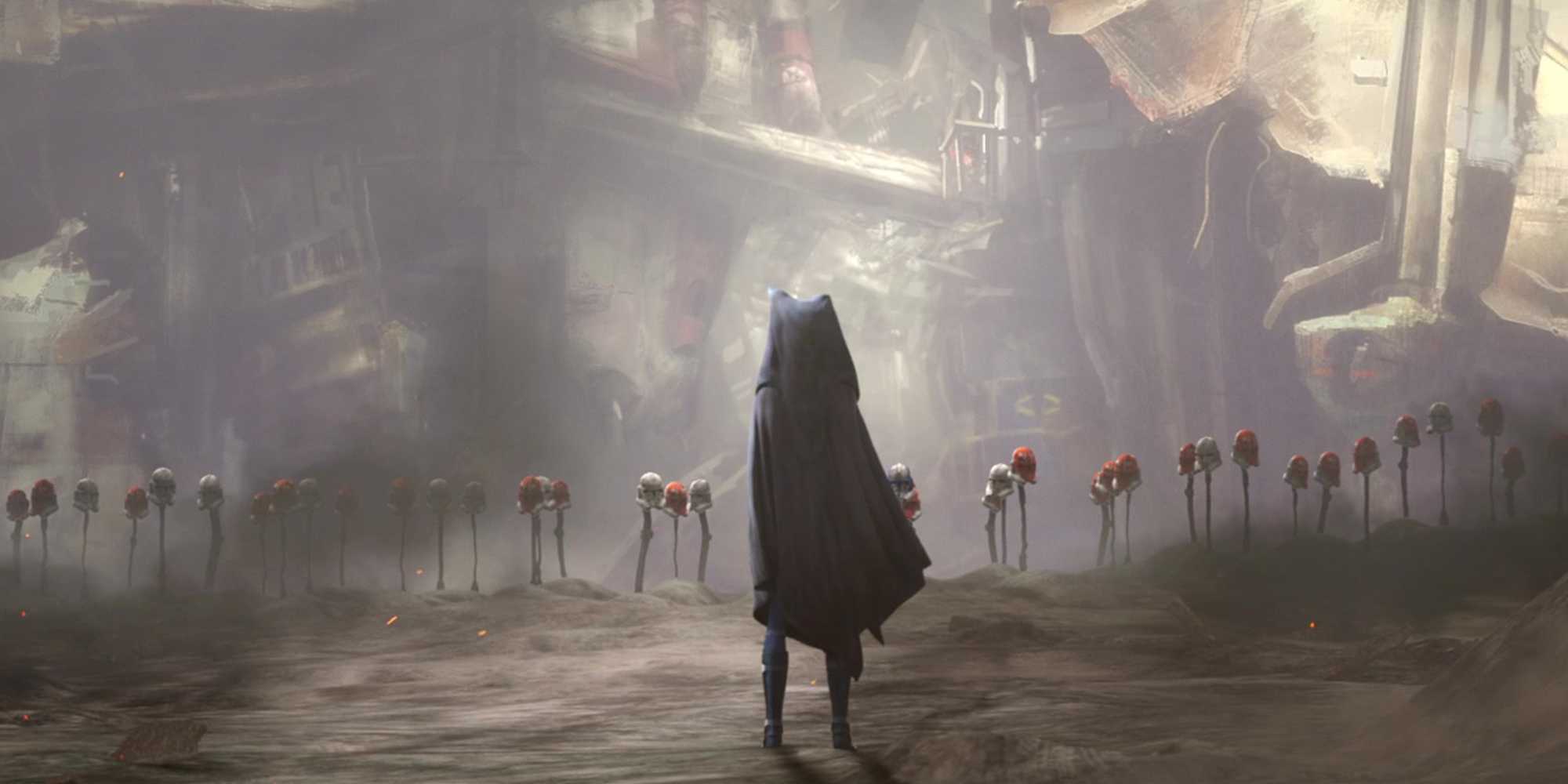 Ашока Тано стоит перед могилами 332-й компании в своем капюшоне.