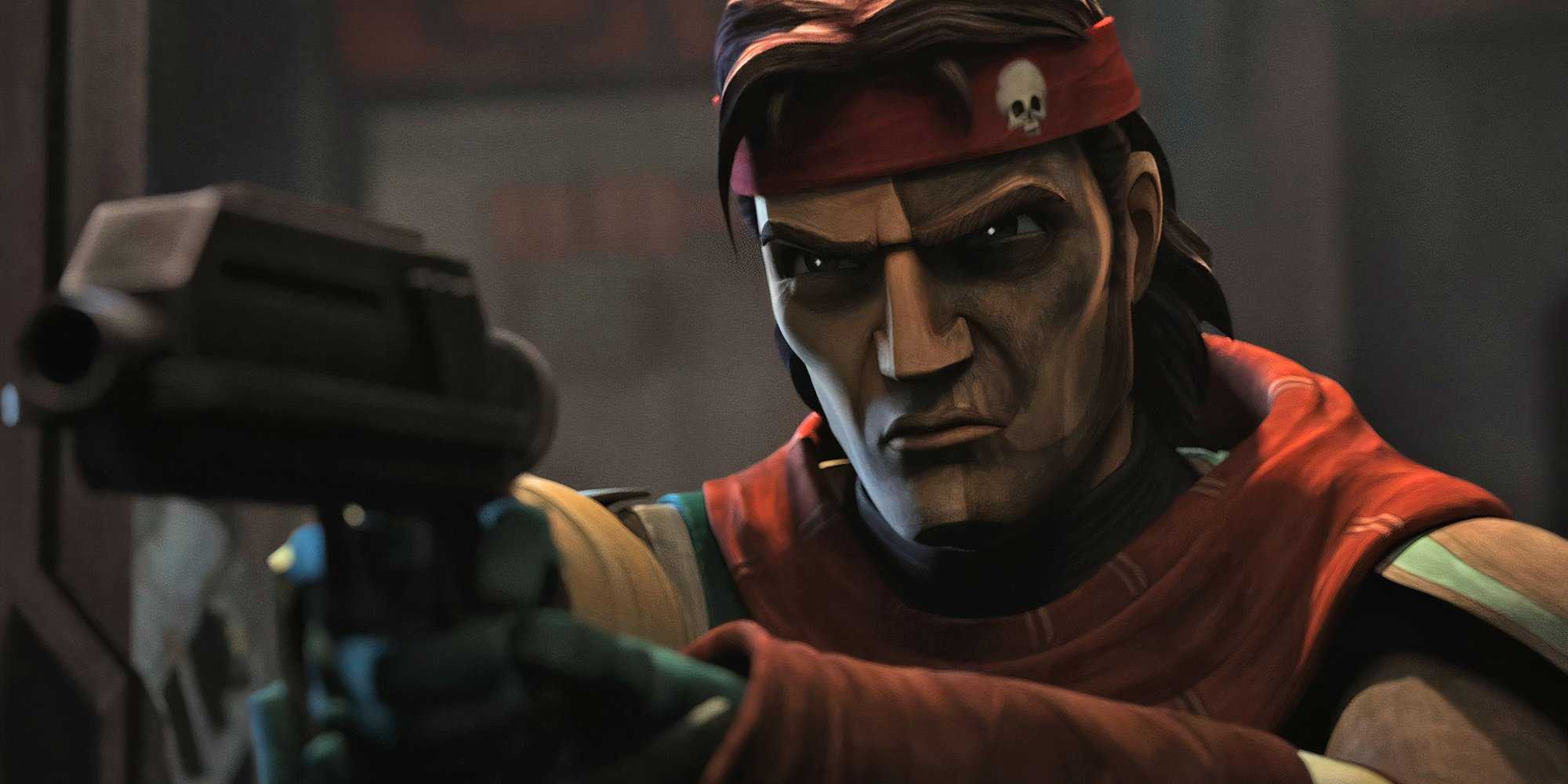 Хантер направляет свой бластер на Ройса Хемлока (за кадром) с зловещим выражением лица.