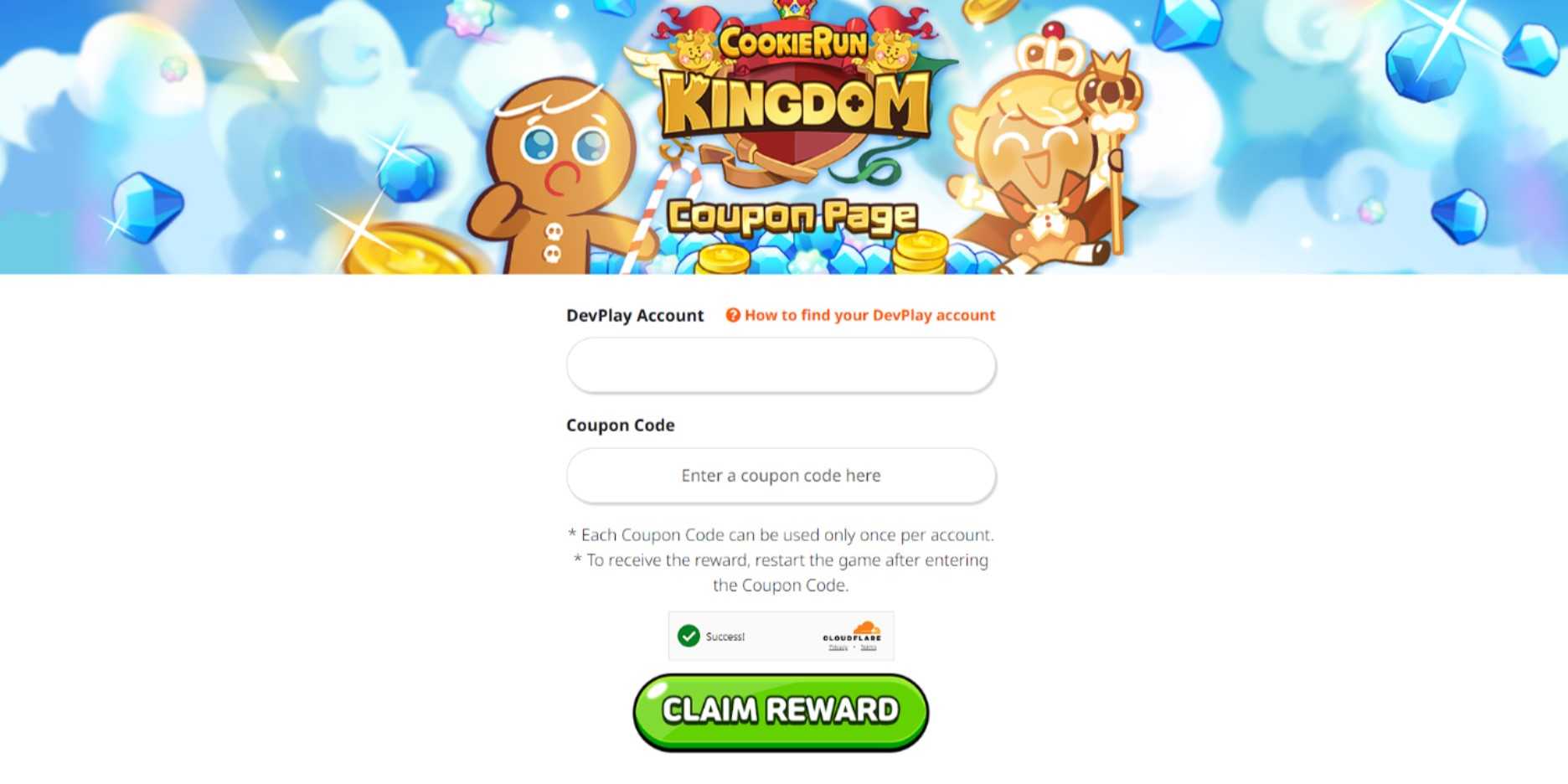 Страница купонов на веб-сайте Cookie Run: Kingdom.