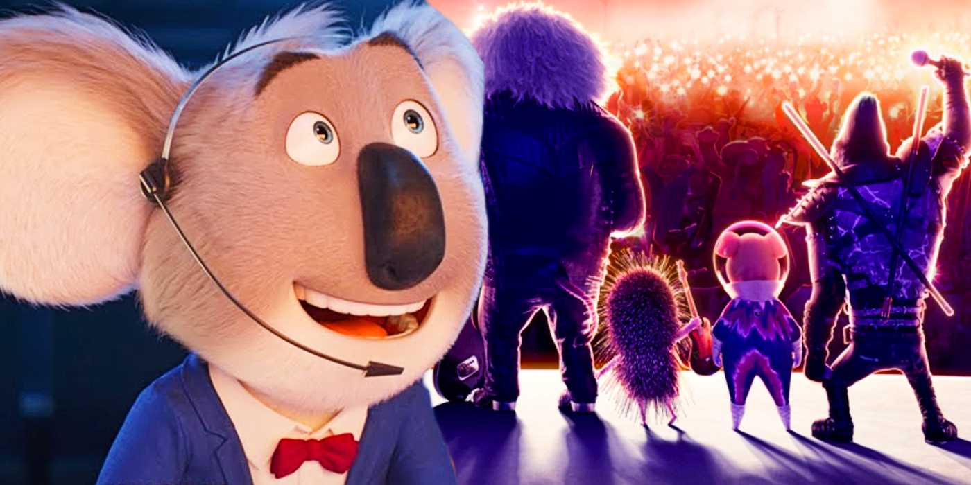 Смешанное изображение: Бастер Мун и поющие животные на сцене в Sing 2