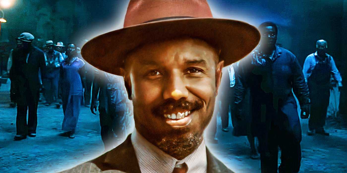 Отредактированное изображение Майкла Б. Джордана в роли Стэка в фильме "Преступники" с вампирами на заднем плане.