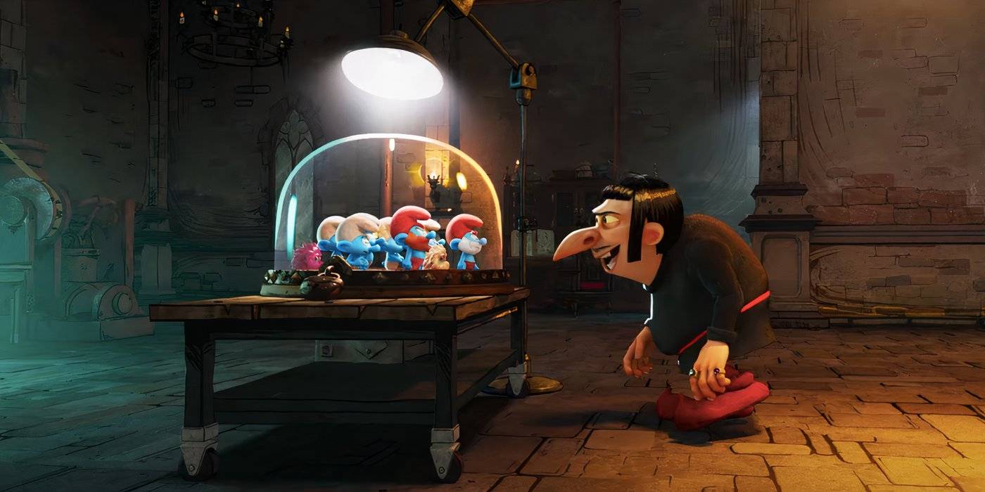 Разамель высмеивает Смурфов, которые оказались в стеклянном шаре в фильме "Смурфы"