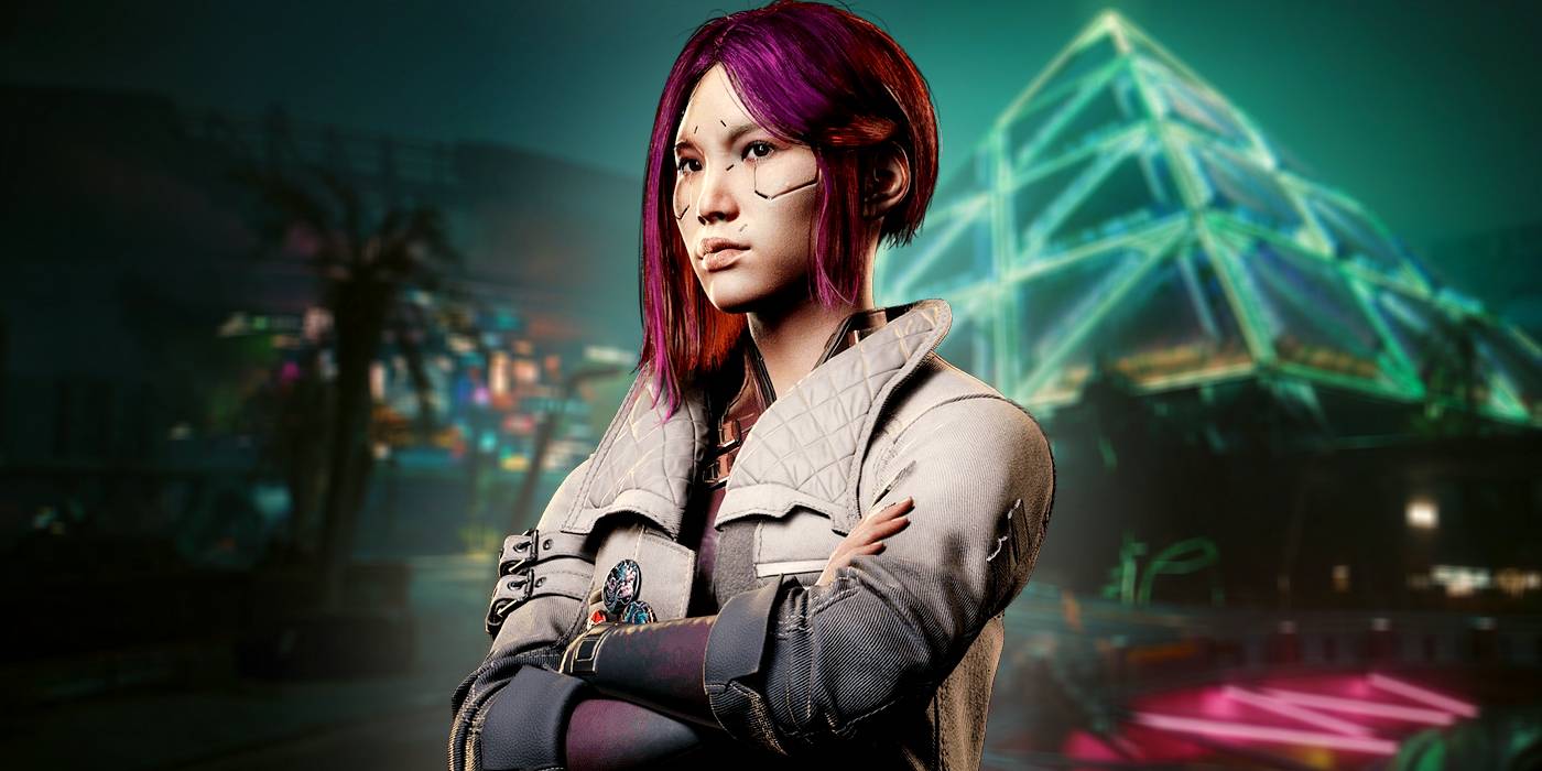 Рендер персонажа Songbird в Cyberpunk 2077 Phantom Liberty, скрещивающей руки на фоне Dogtown.