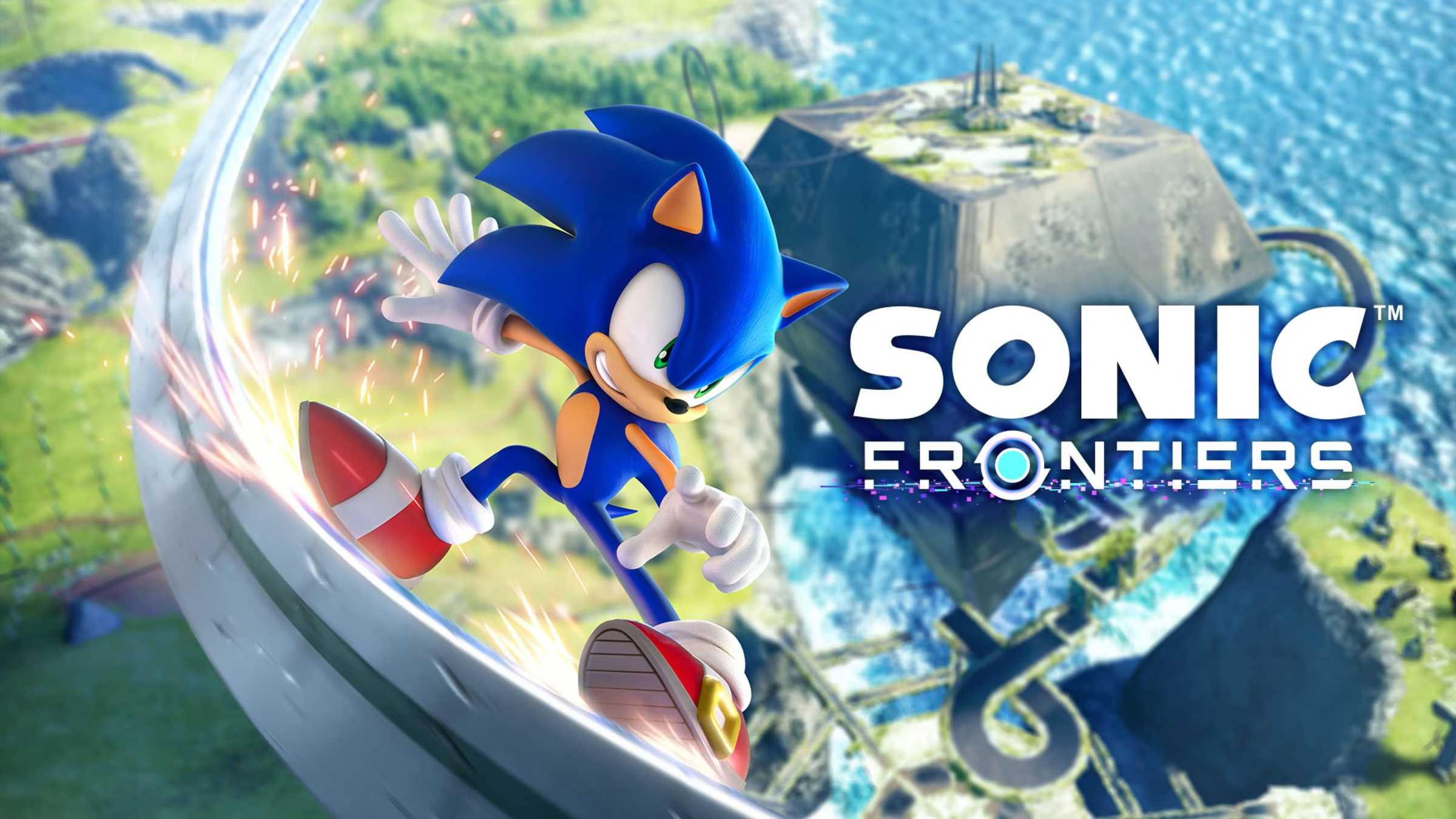 Промо-изображение Sonic Frontiers с главным ежиком, катающимся по рельсам.