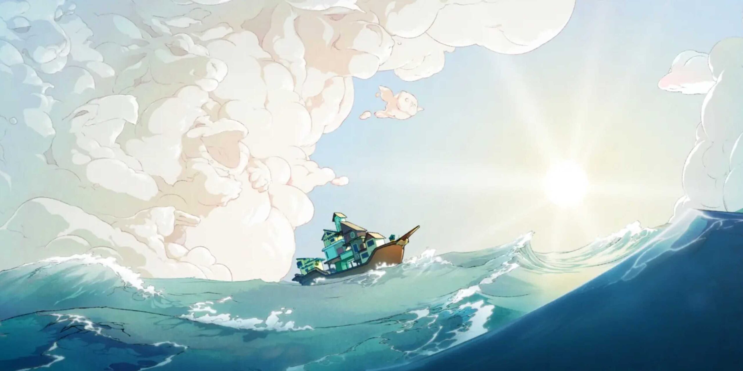 Корабль из Spiritfarer, плывущий по синей воде с персонажами в облаках