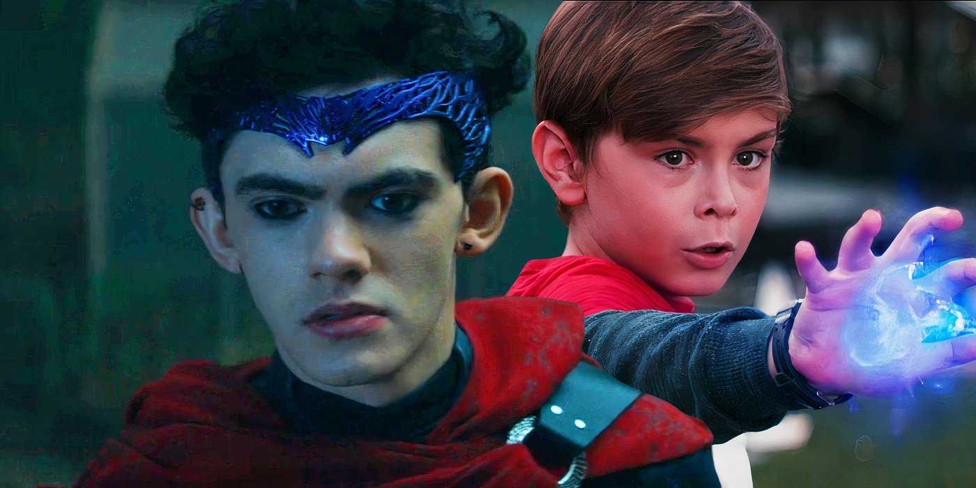 Разделенное изображение Билли Максимофф в роли Виккана и ребенка в Agatha All Along и Wandavision