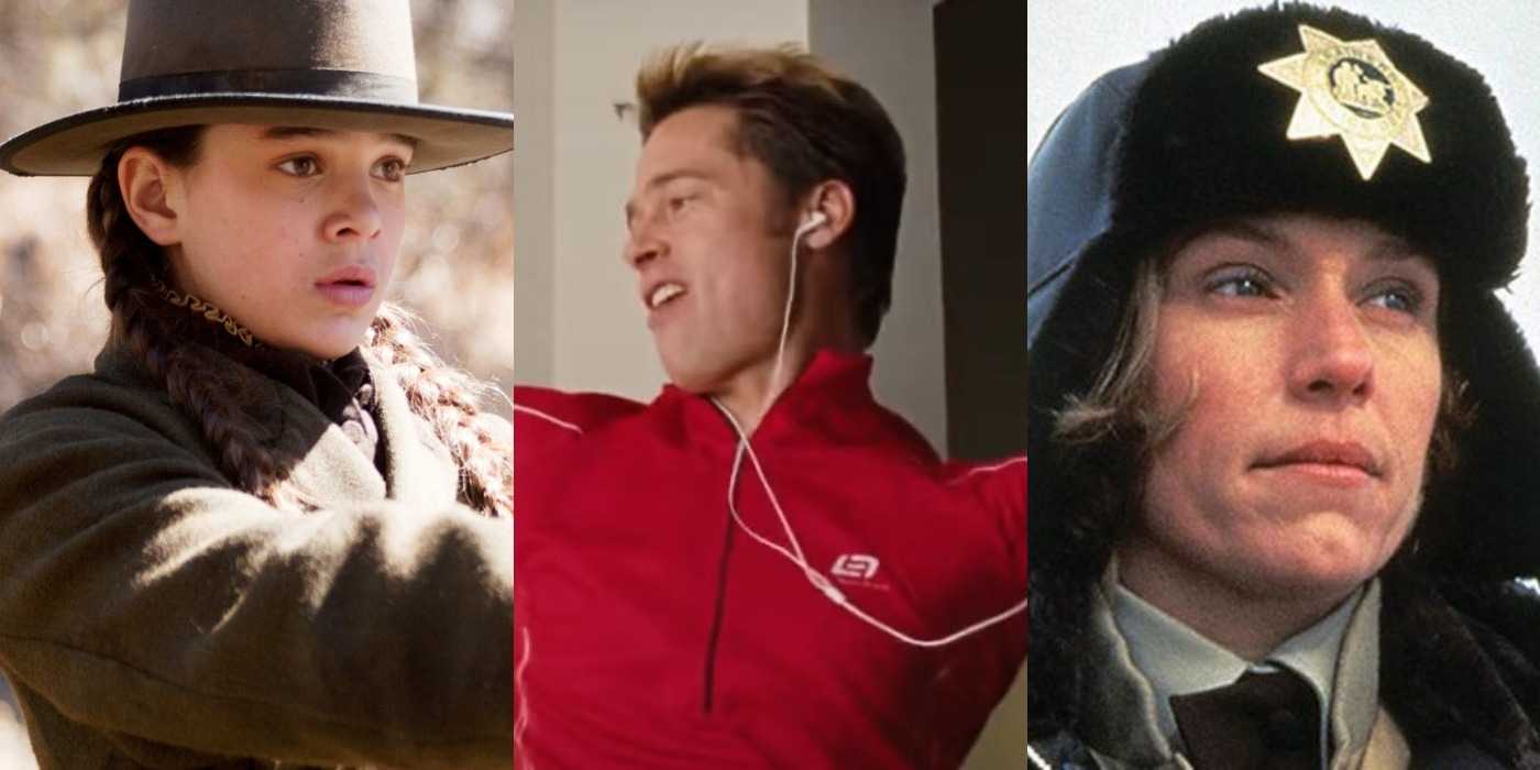 Разделенное изображение: Мэди в "Трудная дева", Чэд в "Сжечь после прочтения", и Мэдж в "Фарго"