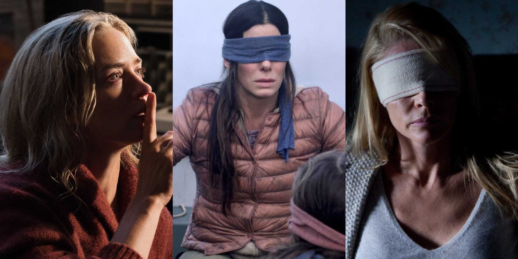 Разделенное изображение главных персонажей "A Quiet Place", "Bird Box" и "Julia's Eyes"