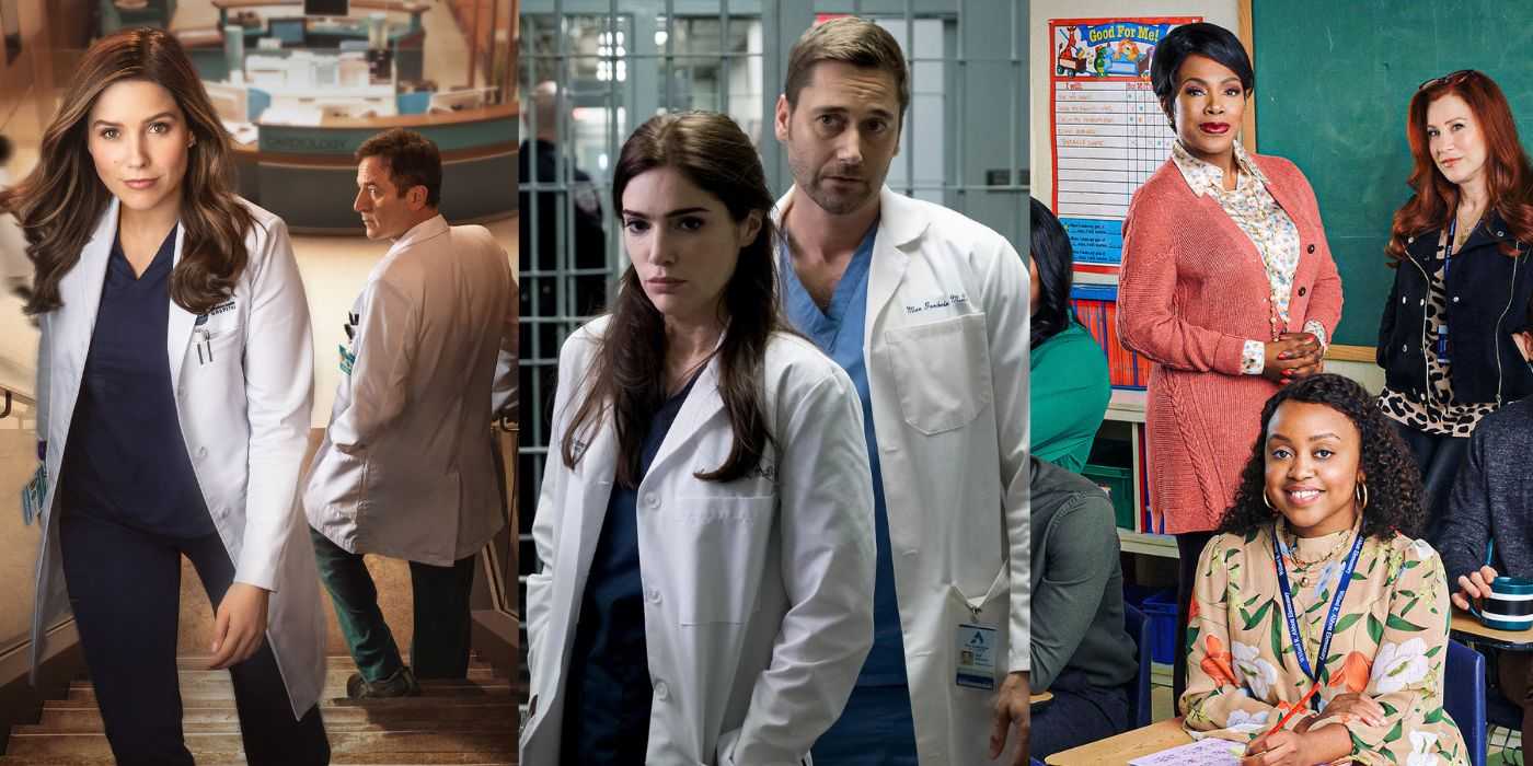 Разделенные изображения кадров из "Good Sam", "New Amsterdam" и "Abbott Elementary"