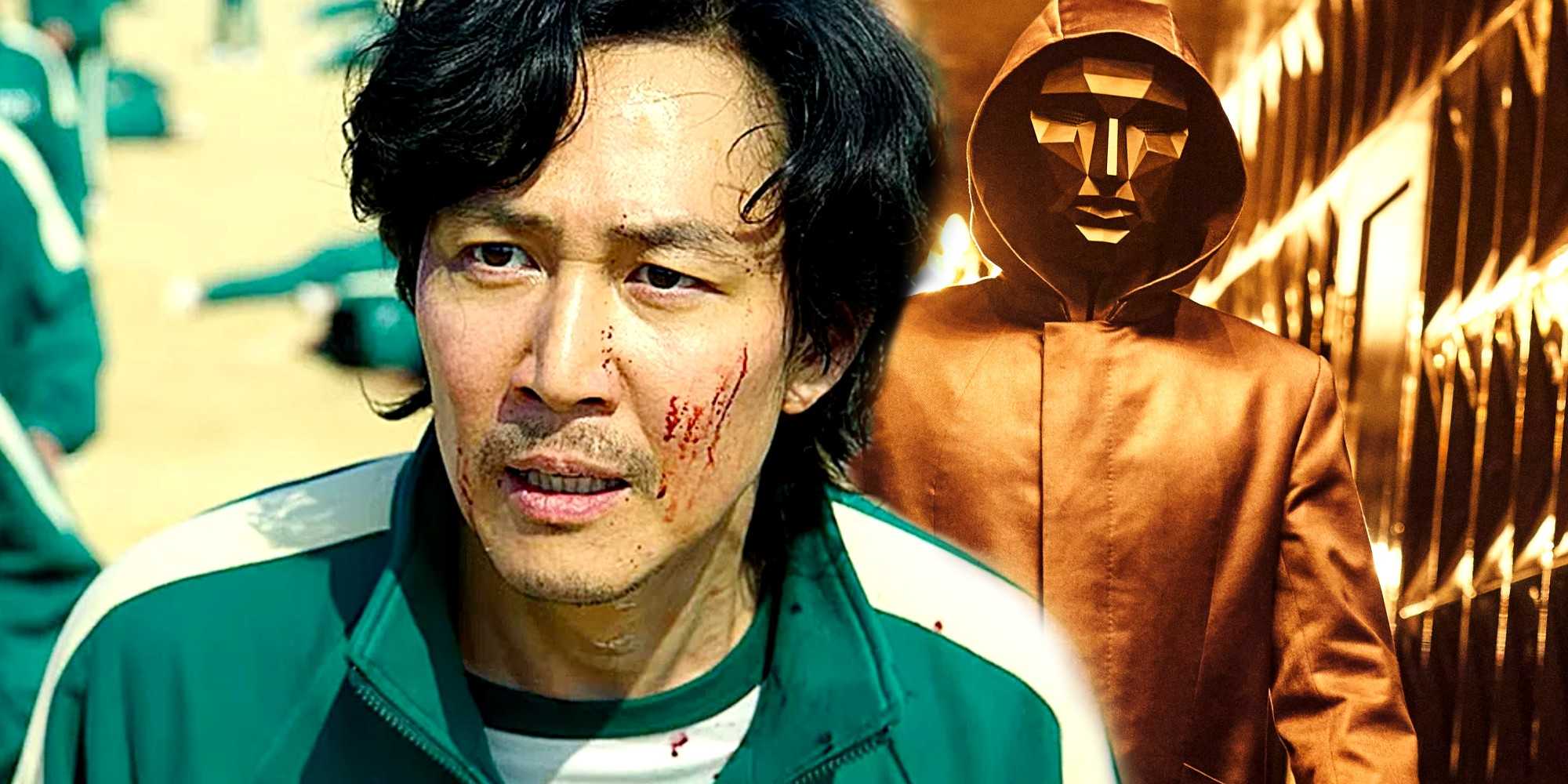 Композитное изображение Ли Чун-джей в роли Сон Ги-хуна и Ли Вон-хуна в роли Фронт Мэна в первом сезоне *Squid Game*