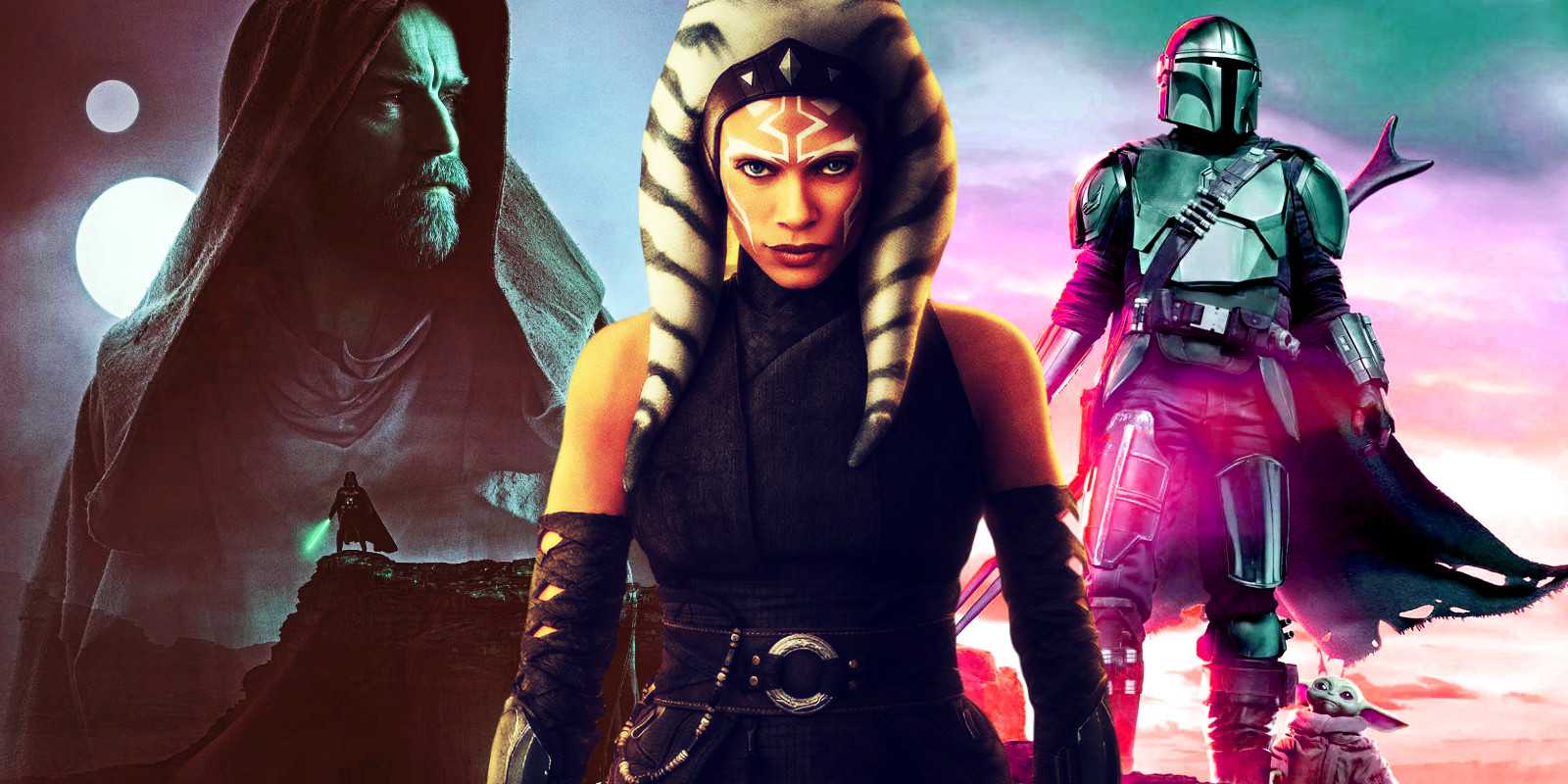 Постер Оби-Вана Кеноби слева, Розарио Доусон в роли Ашоки Тано в центре и постер Джина Джарина справа