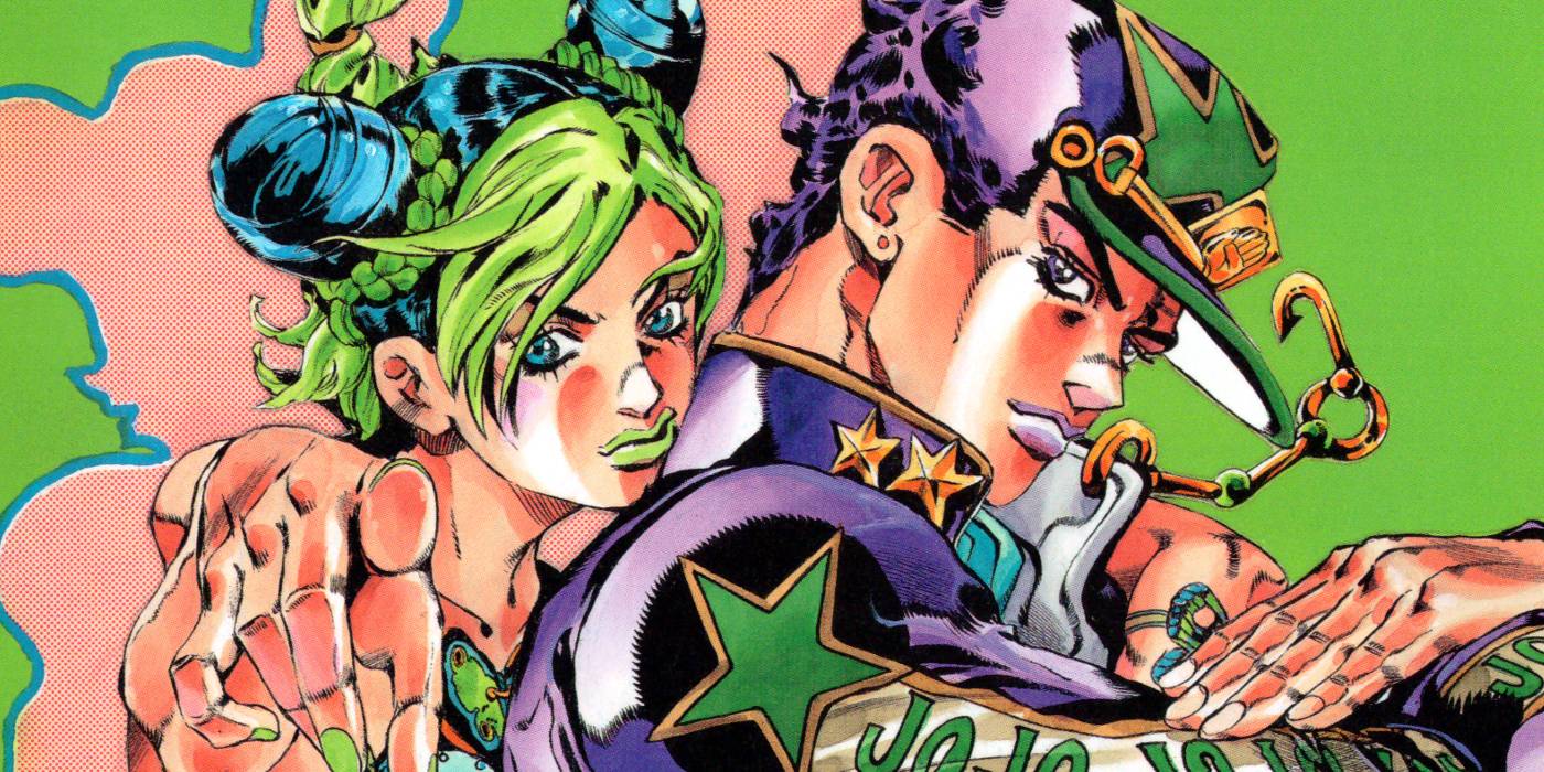 Джолайн и Джотаро из "Stone Ocean", позирующие. Джолайн указывает на камеру.