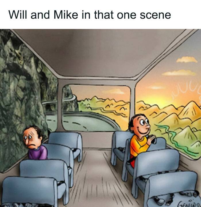 Мем с поездом, где один персонаж смотрит на камни, а другой – на закат