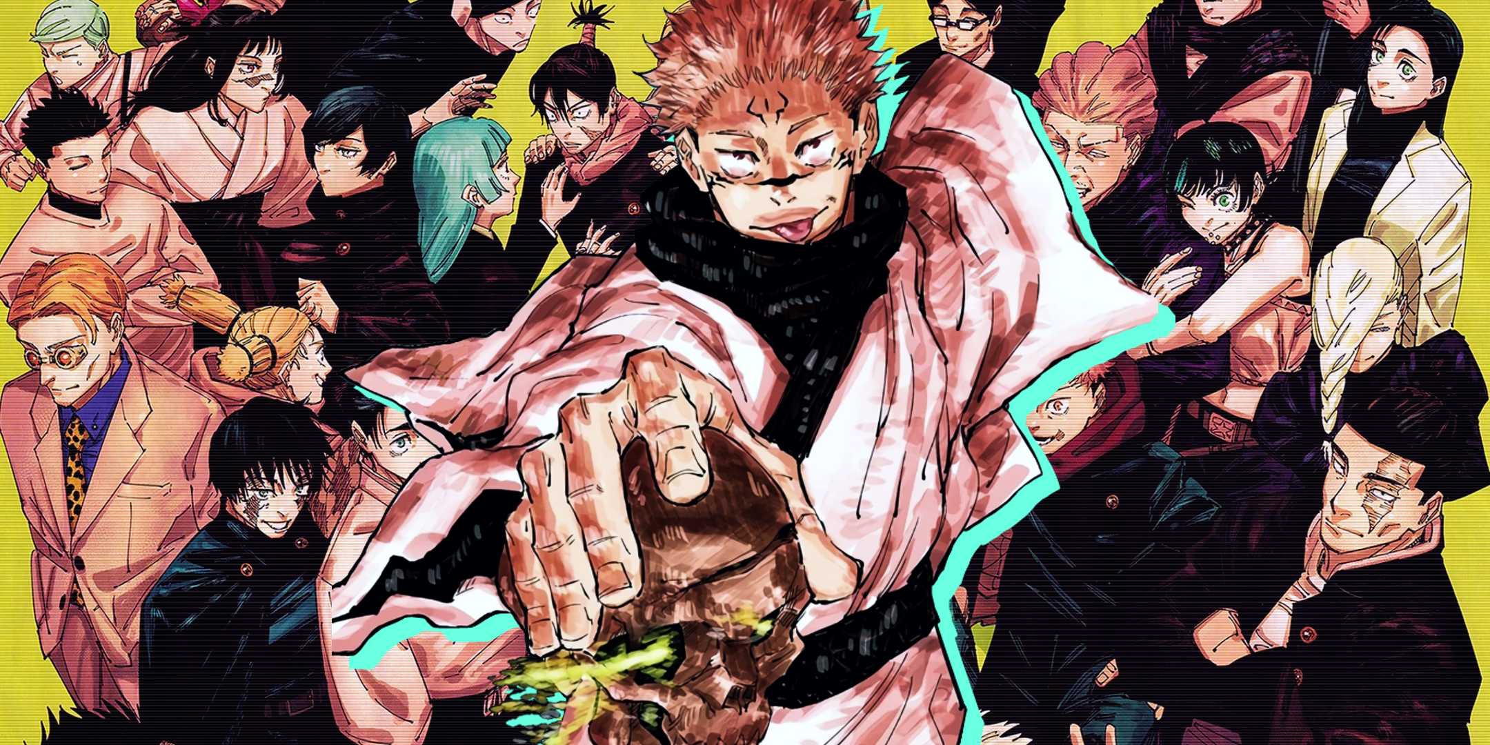 Сукуна из Jujutsu Kaisen, высунув язык, держит череп с персонажами из Jujutsu Kaisen на заднем плане