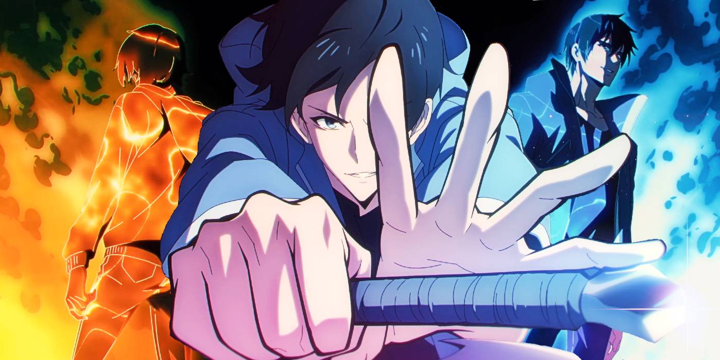 Сон Джинву держит оружие, на его левой стороне его слабая прошлая версия, окруженная оранжевым пламенем, а на его правой стороне его новая, сильная версия, окруженная синим пламенем в *Solo Leveling*