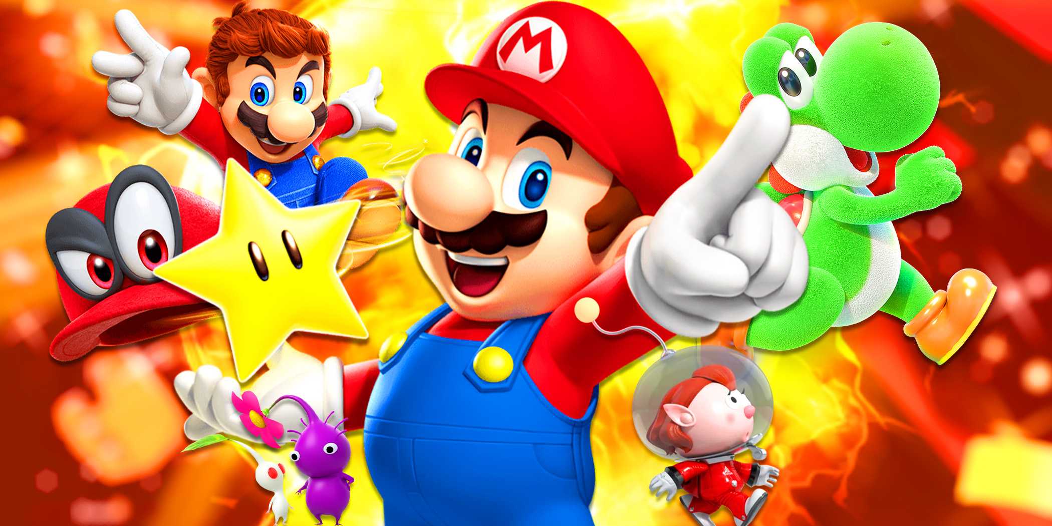 Марио из Super Mario Party Jamboree и Марио Одиссей с персонажами из Pikmin 4 и Yoshi's Crafted World.