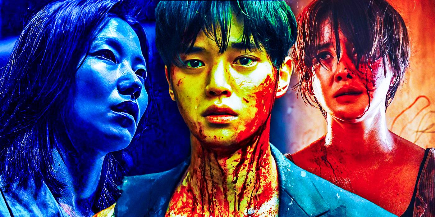 Композитное изображение, на котором Чон Чжи выглядит шокированным, Хын-су весь в крови, а И-кинг плачет в 2-м сезоне *Sweet Home*