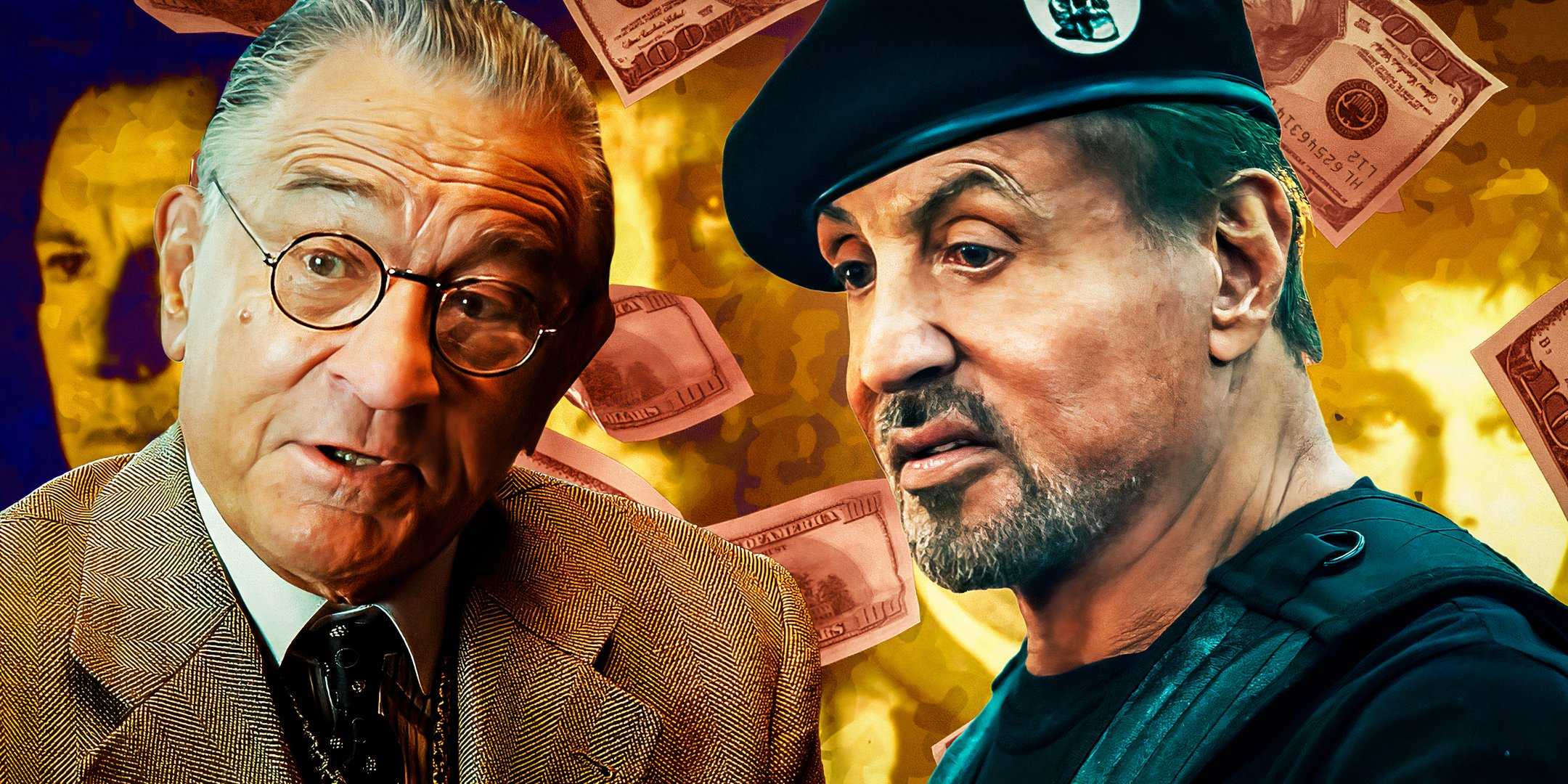 Роберт Де Ниро, выглядящий расстроенным в фильме "Убийцы из "Цветов луны", и Стивен Стэллоун, выглядящий отвращенно в фильме "Expendables 4", когда за ними идет дождь из денег